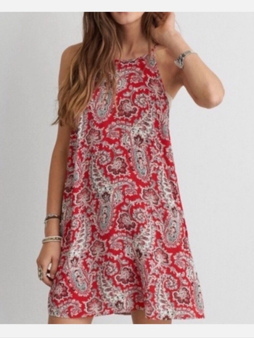 American Eagle Paisley Swing Dress Red Boho Halter ** Medium  ** EUC!!